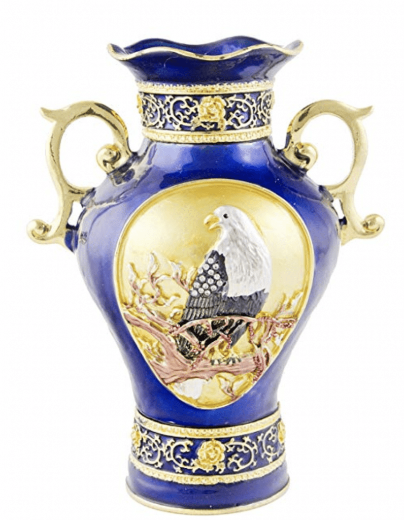 Pequeño jarrón chino de porcelana azul con águila y dorado