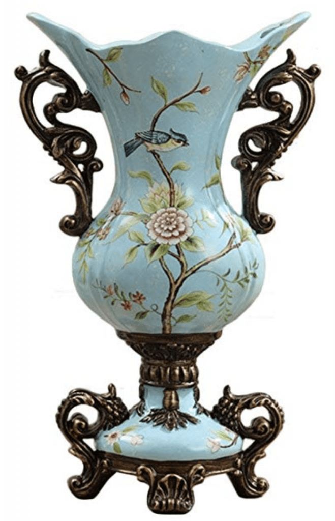 Jarrón Chino de porcelana azul claro con pájaro en una rama