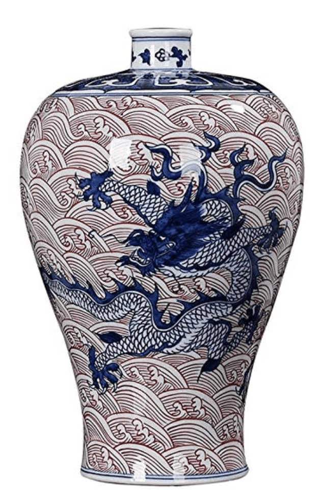 Jarrón de dragón Chino rojo y azul