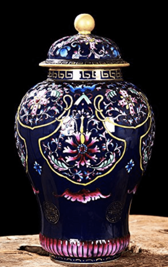 Jarrón chino azul con tapa y dibujos rosas
