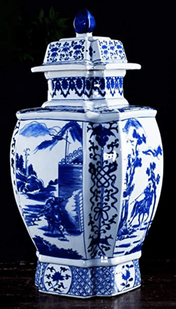 Jarrón chino azul con tapa