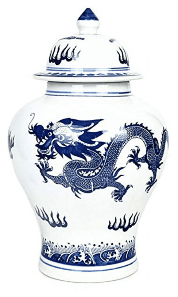 Jarron chino blanco con tapa y con dragones